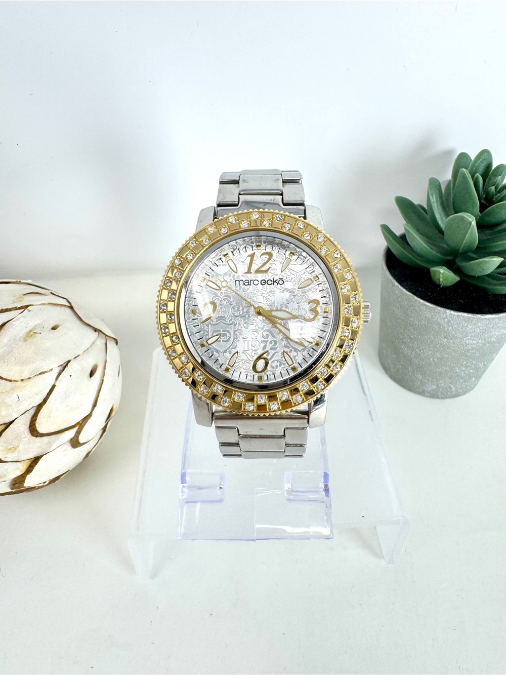 Marc Ecko Two-Tone Silver Watch with Gold Crystal Bezel